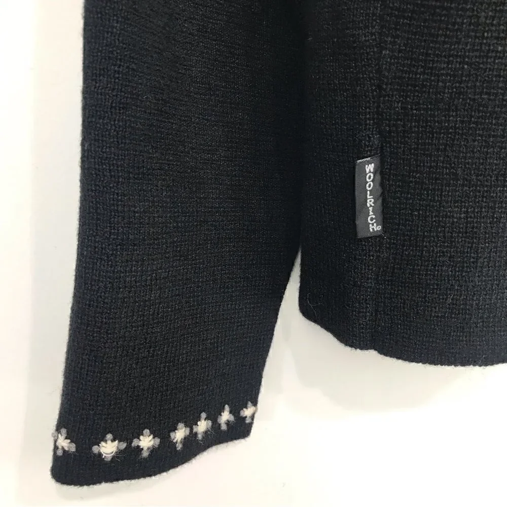 Woolrich Black Knit Snowman Snowflake Zip Up Cardigan Holiday Ski Lodge Sweater